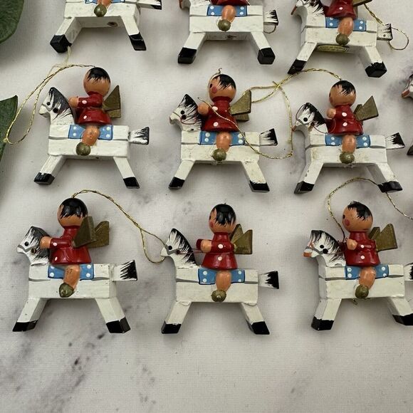 Vintage Wood Mini Christmas Tree Ornament Set of 11 White Horses Angels - Picture 3 of 7